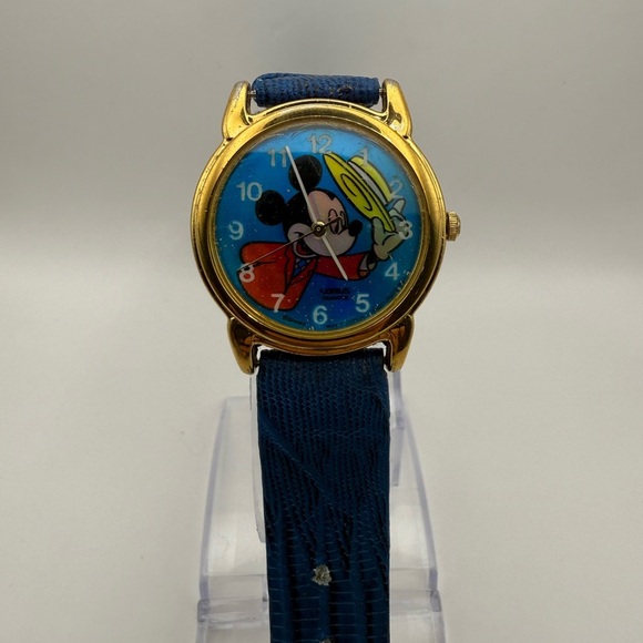 Disney Lorus Mickey Mouse Yellow Hat Watch Rare (New Battery) Blue Band Gold Bez - Picture 2 of 10